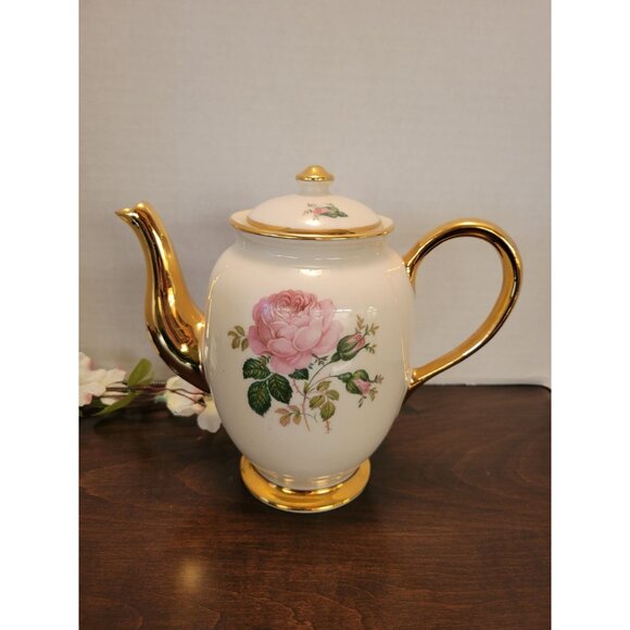 Vintage Kingwood China USA Rose Floral Coffee Teapot & Lid With Gold Trim 7" - Picture 1 of 8